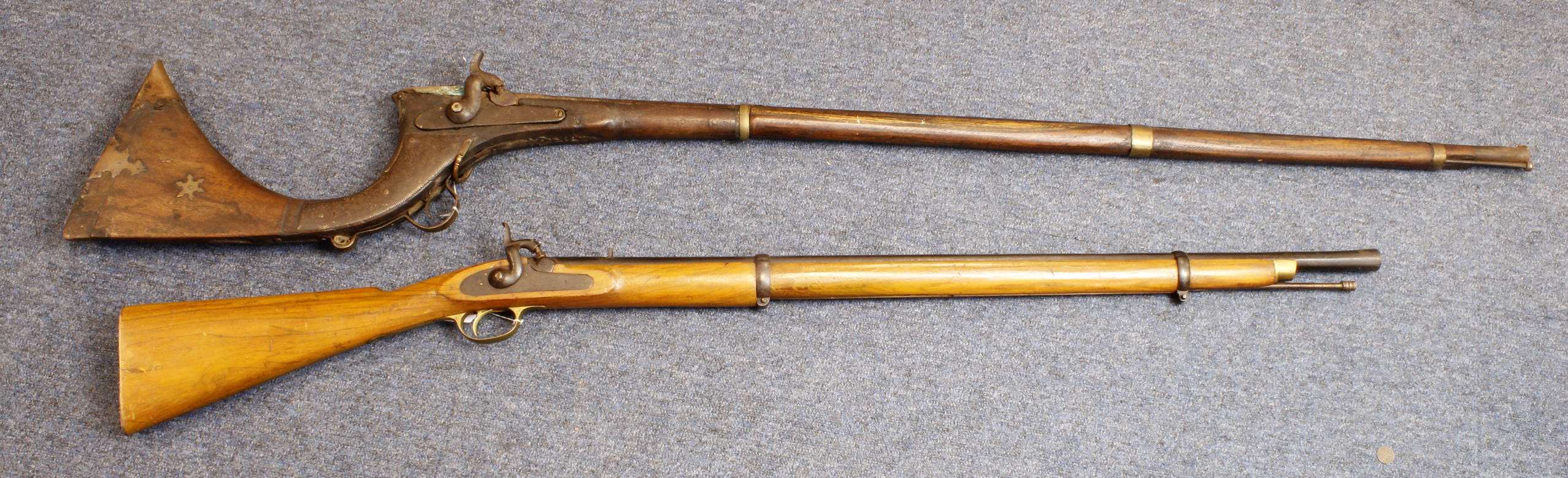 Percussion Enfield two band Reproduction rifle, and an Indian / Afghanistan percussion "Camel"