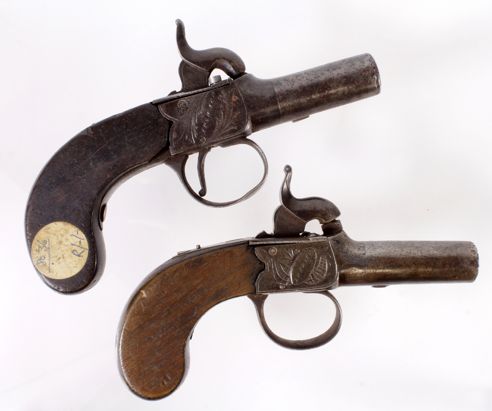 19th century percussion box lock pocket pistols by Bales of Ipswich (very sort after maker). Both in