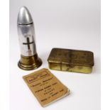 WW1 1914 -18 bullet shaped money box with 1914-18 Bible and 1914 brass Princess Marys gift tin.