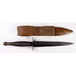 Commando dagger WW2 3rd pattern stamped Sheffield, England, on cross guard in its brown leather
