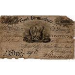 Bank Birmingham 1 Pound dated 1824 for Joseph Gibbins, William Wynne Smith & William Goode, serial