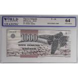 Faeroe Islands 1000 Kronur dated 2005, serial 589680K (TBB B216a, Pick28) in WBG holder graded 64