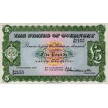 Guernsey 5 Pounds dated 1st December 1956, serial 2/N 2155 (TBB B149b, Pick44a) VF to good VF
