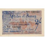 Jersey 2 Shillings issued 1941 - 1942, German Occupation issue during WW2, serial number 132932 (TBB