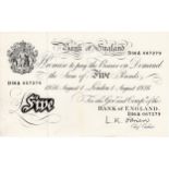 O'Brien 5 Pounds dated 1st August 1956, final year of issue of white notes, serial D56A 067279, a