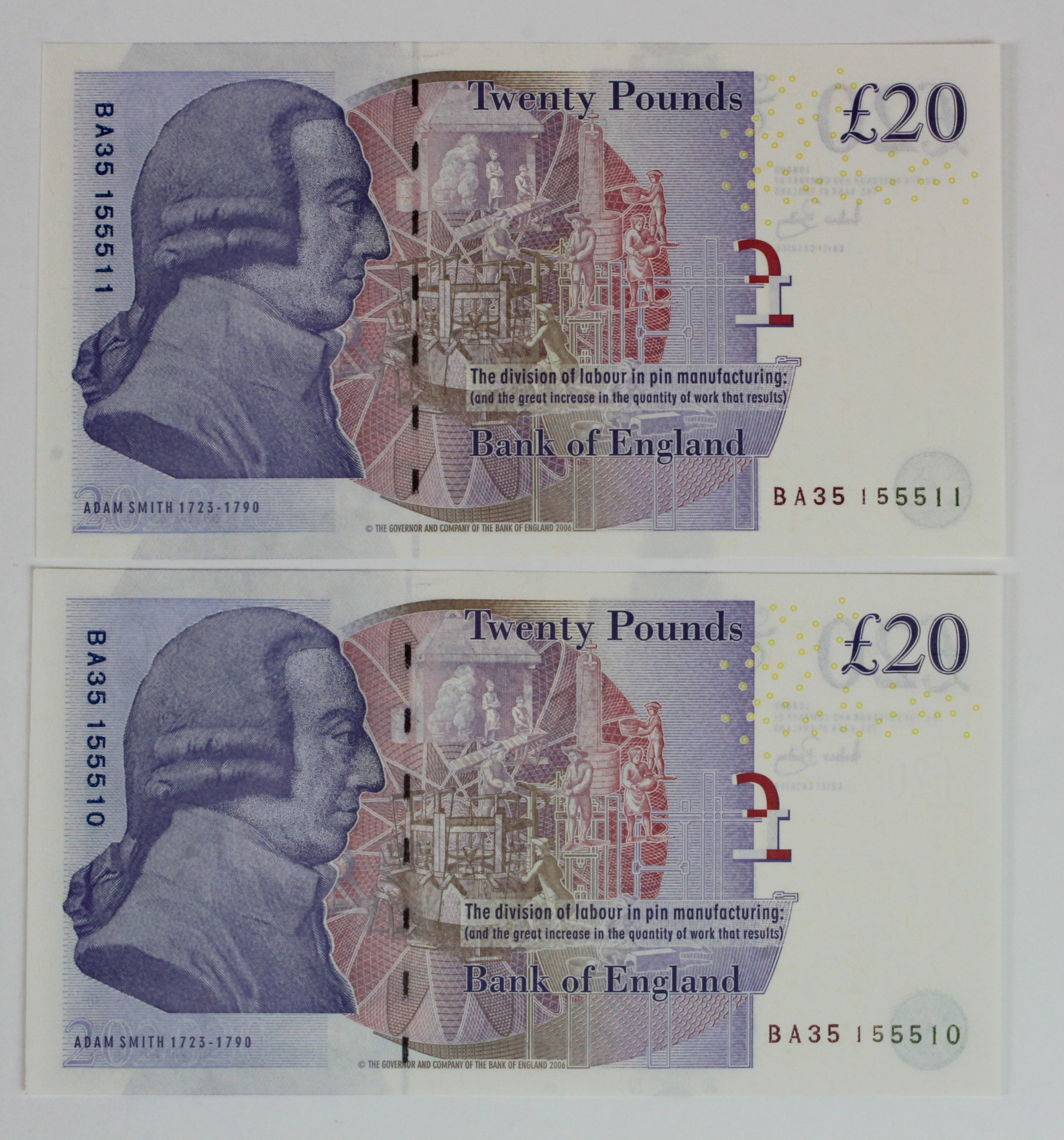 Bailey 20 Pounds issued 2007, a consecutively numbered pair, serial BA35 155510 & BA35 155511 (B405,