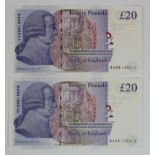 Bailey 20 Pounds issued 2007, a consecutively numbered pair, serial BA35 155510 & BA35 155511 (B405,