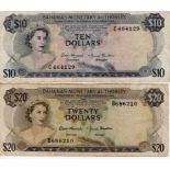 Bahamas (2), 20 Dollars serial number B686210 & 10 Dollars dated 1968 serial number C464129,