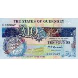 Guernsey 10 Pounds issued 1991 - 1995, signed M.J. Brown in blue ink, VERY LOW serial E000057, (