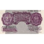 Peppiatt 10 Shillings issued 1940, mauve WW2 emergency issue, serial Y42D 265257 (B251, Pick366)