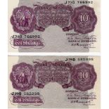 Peppiatt 10 Shillings (2) issued 1940, mauve WW2 emergency issue, serial J29D 585998 & J73D