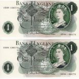 Hollom 1 Pound (2) issued 1963, a consecutively numbered pair of FIRST SERIES notes with small 'G'
