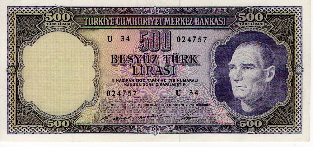Turkey 500 Lirasi issued 1968 (Law 1930), serial U34 024757 (TBB B261a, Pick183) pressed EF