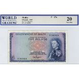 Malta 5 Pounds issued 1961 (Law 1949), signed D.A. Shepherd, serial A/2 368924, (TBB B126a, Pick27a)