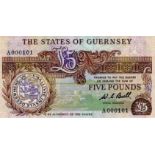 Guernsey 5 Pounds issued 1980 - 1989, signed W.C. Bull, FIRST PREFIX VERY LOW No. serial A000101, (