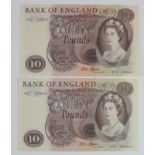 Fforde 10 Pounds issued 1967, a consecutively numbered pair, serial A72 033620 & A72 033621 (B316,