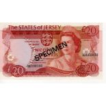 Jersey 20 Pounds SPECIMEN note, issued 1976 signed Clennett, Queen Elizabeth II portrait, serial