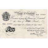 Peppiatt 5 Pounds dated 19th September 1945, serial K29 054800, London issue on thick paper (B255,