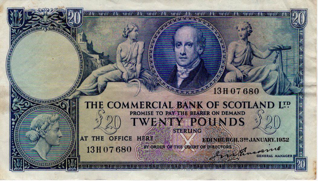 Scotland, Commercial Bank Ltd 20 Pounds dated 3rd January 1952, signed Sir John Erskine, serial