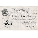 Peppiatt 5 Pounds dated 30th April 1945, serial J06 031413, London issue on thick paper (B255,