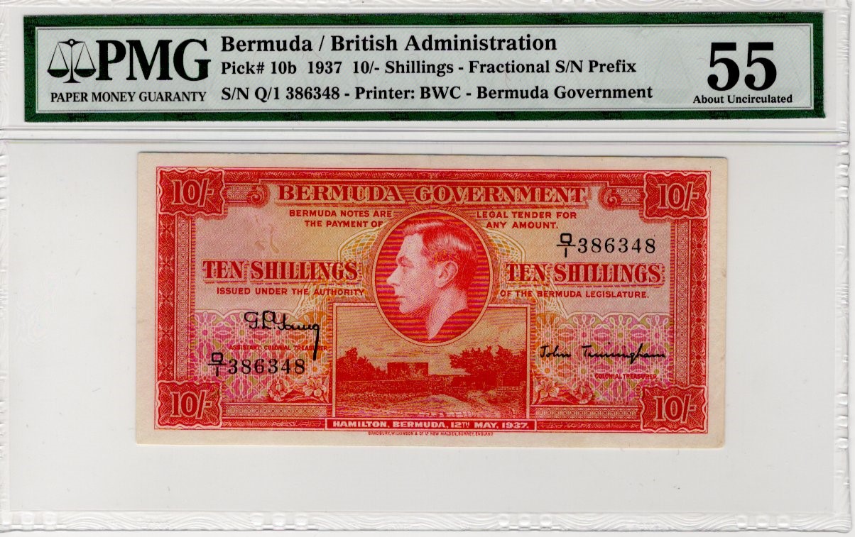 Bermuda 10 Shillings dated 12th May 1937, portrait King George VI at centre, fractional prefix