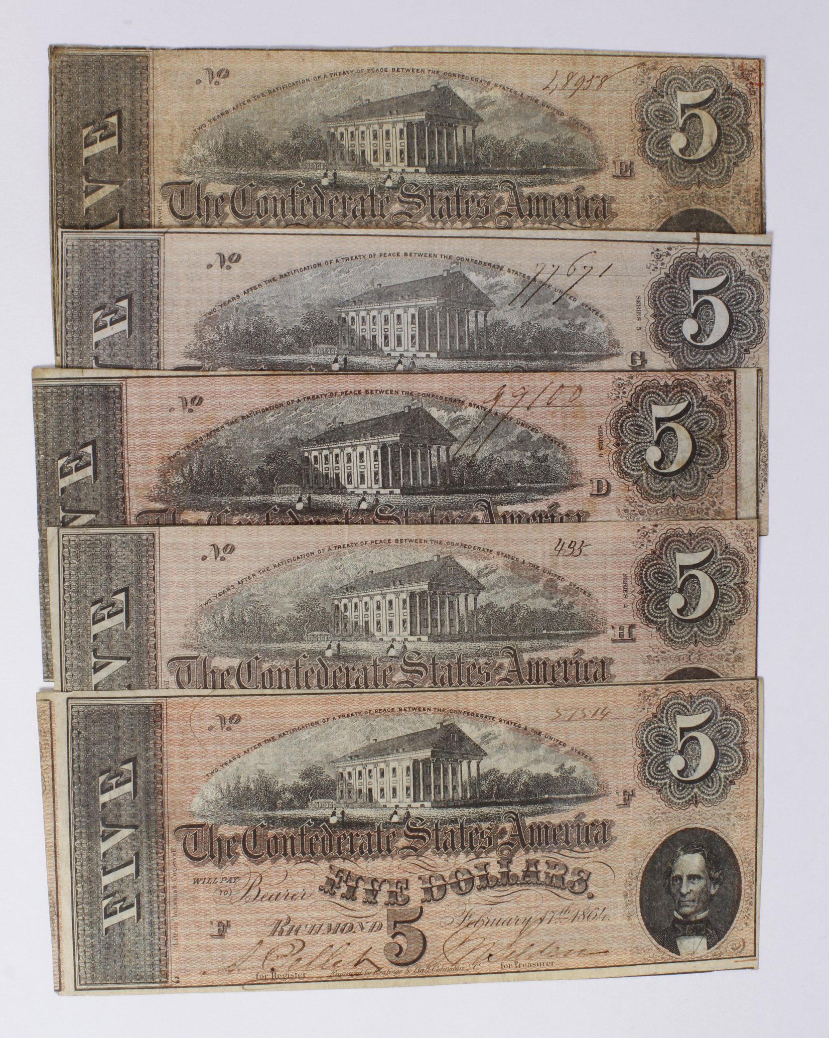 Confederate States of America 5 Dollars (5) all dated February 17th 1864 (Pick67) generally good