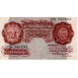 Peppiatt 10 Shillings issued 1948, the rarer post war issue WITHOUT security thread, serial 23L