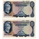 O'Brien 5 Pounds (2) issued 1961, Lion & Key, a consecutively numbered pair of FIRST SERIES notes,