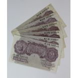 Peppiatt 10 Shillings (6) issued 1940, mauve WW2 emergency issue, prefixes C18D, D61D, E34D, H07D,