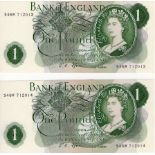 Fforde 1 Pound (2) issued 1967, a consecutively numbered pair of REPLACEMENT notes, serial S46M