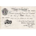 Peppiatt 5 Pounds dated 21st November 1944, serial E69 087272, London issue on thick paper (B255,