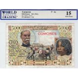 Comores 5000 Francs issued 1963, portrait Gallieni at upper left, serial T.193 004818926, (TBB