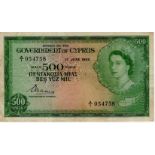 Cyprus 500 Mils dated 1st June 1955, portrait Queen Elizabeth II at top right, serial A/1 054758,