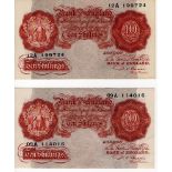 Beale 10 Shillings (2) issued 1950, a pair of REPLACEMENT notes serial no's 09A 114016 and 12A
