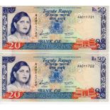 Mauritius 20 Rupees (2) issued 1985, a consecutively numbered pair, serial AA011721 & AA011722 (