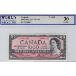 Canada 1000 Dollars dated 1954, signed Lawson & Bouey, serial A/K 1808049, hard to find high
