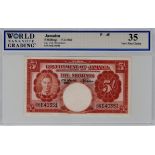 Jamaica 5 Shillings dated 17th March 1960, serial 66E 40351 (TBB B113a, Pick45) in WBG holder graded