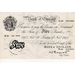 Peppiatt 5 Pounds dated 22nd November 1945, serial K84 091899, London issue on thick paper (B255,