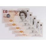 Cleland 10 Pounds (5) issued 2015, a consecutively numbered run of 5 notes, serial LK63 193925 -