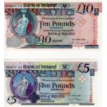 Northern Ireland, Bank of Ireland (2) 10 Pounds & 5 Pounds dated 20th April 2008, low serial numbers