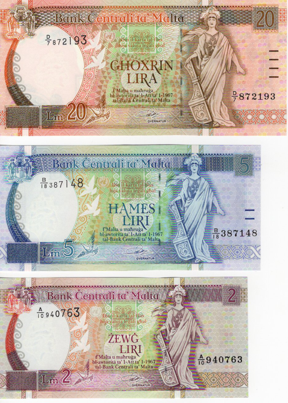 Malta (3) 20 Liri, 5 Liri and 2 Liri issued 1994 (TBB B221, B219 & B218, Pick48, 46 & 45)