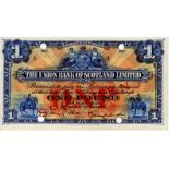 Scotland, Union Bank 1 Pound dated 2nd June 1924, rare SPECIMEN note, 4 small punched cancellation