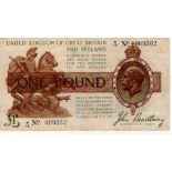 Bradbury 1 Pound issued 1917, serial D/13 009362 (T16, Pick351) about VF