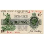 Bradbury 10 Shillings issued 16th December 1918, red serial B/86 784894, No. with dash (T20,