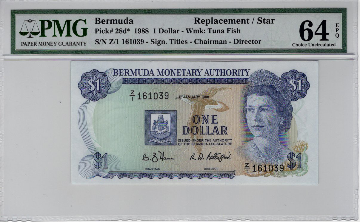 Bermuda 1 Dollar dated 1st January 1988, rare 'Z/1' REPLACEMENT note, serial Z/1 161039 (TBB B201hr,
