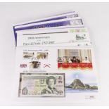 Banknote and Coin Commemorative covers (9), Fforde 10 Shillings in display envelope with 2 x 50