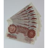 Peppiatt 10 Shillings (7) issued 1948, one without security thread with prefix 13L, the rest with