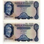 O'Brien 5 Pounds (2) issued 1957, Lion & Key, both FIRST SERIES, serial A05 164386 and A39 545148 (