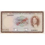 Luxembourg 1000 Francs ND (1963) un-issued, SPECIMEN note serial No. A 000000, diagonal overprint '