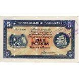 Scotland, Union Bank 5 Pounds dated 17th July 1950, PROOF note with numerous cancellation punched